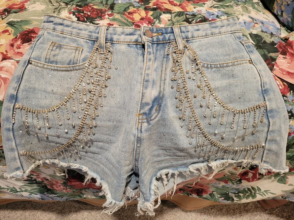 Blue B Collection Denim Shorts Rhinestone Hot Pants Fringed Medium